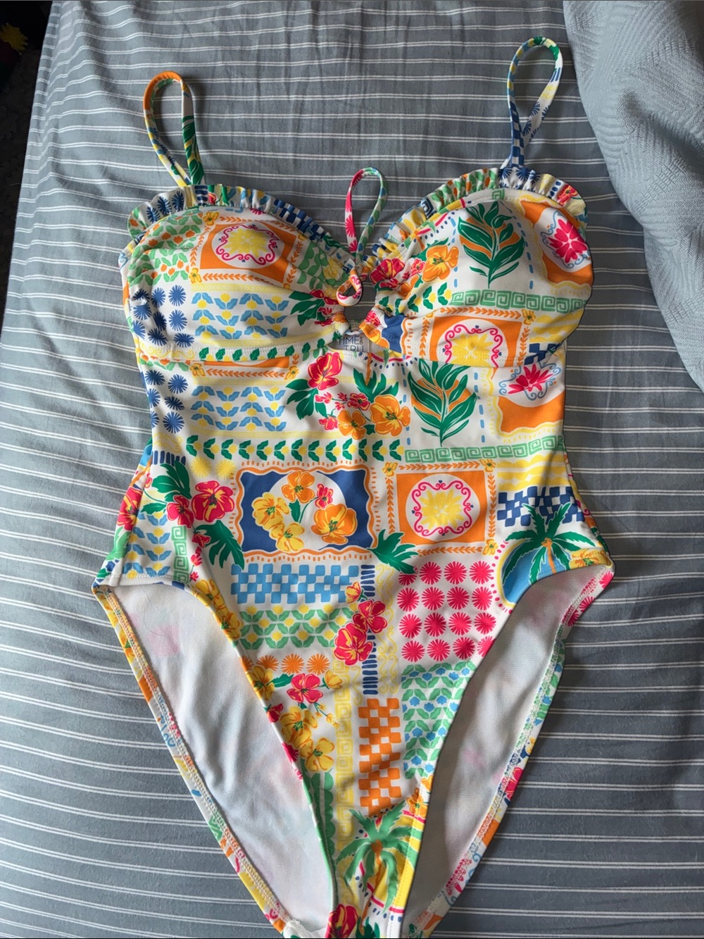 Time and Tru Yellow Multicolor Floral Patchwork One-Piece Swimsuit